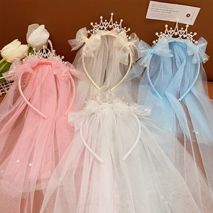 Princess crown headbands with tulle veils in pink, white, and blue for girls' party wear