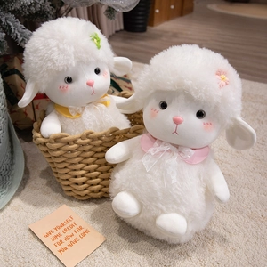 Cute white plush sheep dolls with soft lamb wool material and elegant lace bow accessories