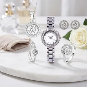 Women Rhinestone Quartz Watch With Necklace Bracelet Ring And Stud Earrings Alloy Zircon Elegant Jewelry