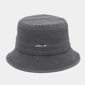 Dark grey washed cotton bucket hat featuring a vintage shark embroidery and metal eyelets