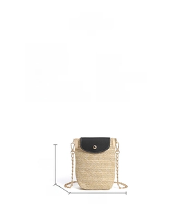 Vertical woven straw mobile phone bag with black flap and gold chain strap