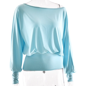 Detail of light blue one-shoulder long sleeve top with slim waist and lantern cuffs