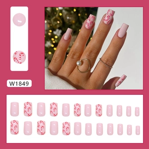 Pink press-on nails with candy cane patterns for Christmas, square shape 24pcs set