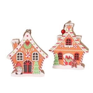 Set of two festive wooden gingerbread house ornaments with warm LED lights and twine hangers