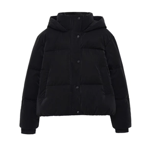 Women's black hooded puffer jacket with stand collar and matte quilted texture