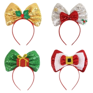 Christmas sequin bow headbands set with holly, gift boxes and Santa belt decor