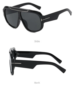 Side and back view of oversized black sunglasses with iconic silver T-shaped metal hinges