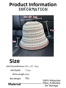 Size chart for the striped knit bucket hat with dimensions and polyester material info