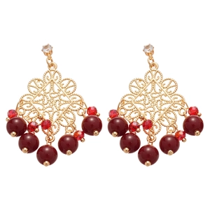 Vintage hollow gold drop earrings with dark red beads and crystal tassel for women