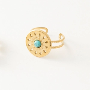 Detailed macro view of vintage gold ring with turquoise stone and hollow pattern
