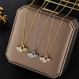 Ginkgo Leaf Pendant Necklace Stainless Steel Mother Of Artificial Pearl Shell Rhinestone Inlaid Refined Elegant Jewelry For Women