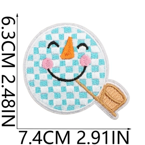 Detail view of blue and white checkered smiley face patch with 6.3x7.4cm dimensions