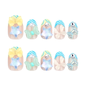 French blue and white striped press-on nails with 3D cartoon stars and bows