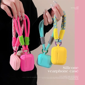 Colorful matte silicone case for AirPods with thick woven lanyard in four vibrant colors