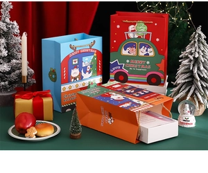 Christmas paper gift bags with cartoon Santa and reindeer in festive holiday scene