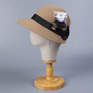 Eleganter Damen-Strohhut mit schwarzer Schleife und UPF 50+ UV-Schutz für den Sommer