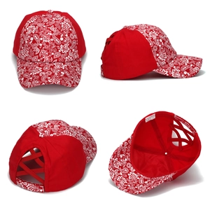 Red paisley print baseball cap with elastic cross band for high ponytail