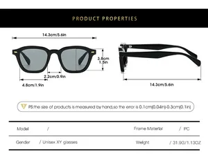 Detailed size chart for retro square sunglasses with PC frame measurements and weight info