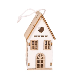 White minimalist wooden Christmas house ornament with natural wood roof and heart detail