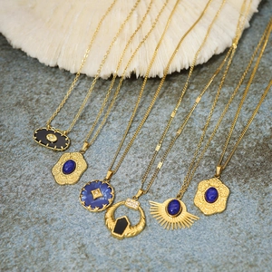 Vintage French Palace Style 18K Gold Plated Stainless Steel Pendant Necklace With Lapis Lazuli Agate Zircon For Women