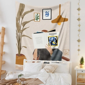 Detail of bohemian tapestry featuring abstract Matisse-inspired reading scene bedroom decor