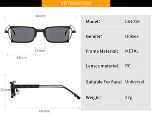 Size chart for unisex rectangle metal sunglasses with frame dimensions and specifications