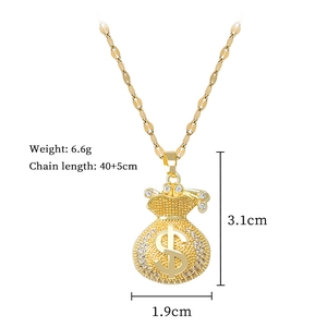 Golden money bag pendant necklace with dollar sign and clear crystals on 40+5cm chain