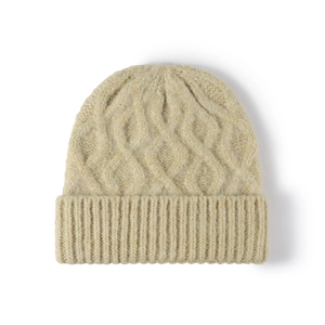 Beanie hat in oatmeal beige with cable knit pattern and ribbed cuff for winter warmth