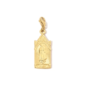 Detailed close-up of golden religious pendant featuring a lobster clasp and detailed engraving