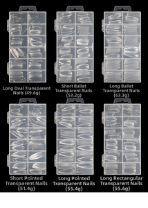 Detailed comparison of six transparent nail tip shapes from stiletto to coffin styles