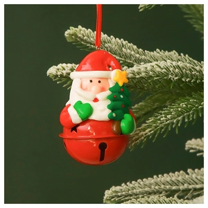 Detailed view of a Santa Claus resin figurine on a red metal bell for Christmas tree decor