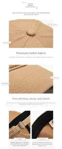Detail of adjustable metal buckle and stitching on a khaki cotton baseball cap