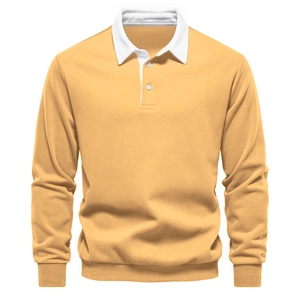 Close-up of yellow long-sleeve polo sweatshirt with white collar and two-button placket