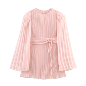 Pink Pleated Mini Dress Women Elegant Chiffon Long Flare Sleeves Round Neck Waist Tie Socialite