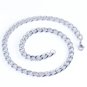 Classic silver stainless steel Cuban link necklace with polished finish on white background