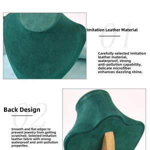 Detail of dark green microfiber jewelry stand with waterproof texture and wood base
