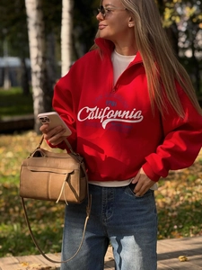 Women Half Zip Pullover Sweatshirt Thickened Cotton Blend California Letter Print Vintage Lapel Long Sleeve Loose Casual Top