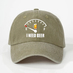 Vintage olive green washed cotton baseball cap with funny I NEED BEER embroidery