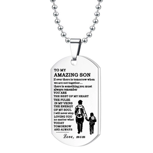 Silver stainless steel dog tag necklace with engraved mother to son message and ball chain
