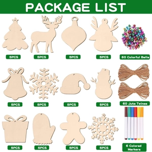DIY Christmas wood ornaments set with bells, markers and strings for holiday tree decoration