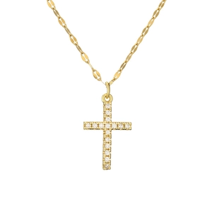 Golden cross pendant necklace with sparkling clear crystals on a fine link chain for women