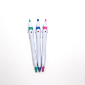 Set of three white cartoon doctor nurse ballpoint pens with colorful clips and red cross