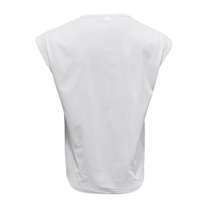 Rear view of white sleeveless cotton blend t-shirt with a loose fit and ribbed neckline