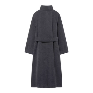 Modern charcoal grey wool coat with stand collar and waist belt, back view display