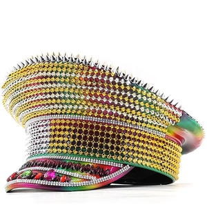 Rainbow Captain Hat With Colorful Rhinestones And Metal Spikes Military Festival Party Costume Performance Punk For Adults