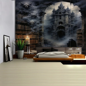 Gothic castle library wall tapestry featuring a misty skull and lit candle for room decor