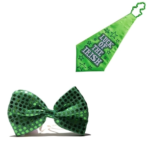 St. Patrick's Day green satin tie with Luck of the Irish text and shiny sequin bow tie