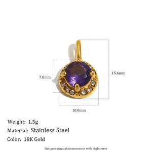 Detailed spec sheet of 18K gold stainless steel pendant with purple round zircon stone