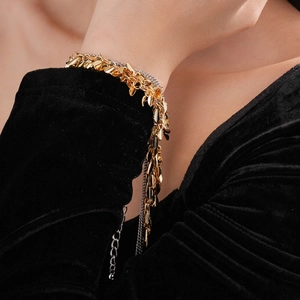 Multilayer layered tassel bracelet with golden leaf charms and silver chain link base