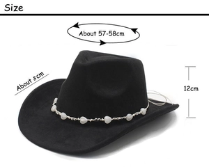 Detailed size specifications for the black suede cowboy hat with white heart bead band